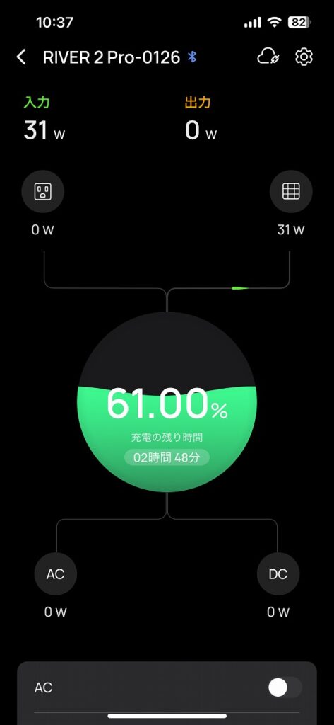 日陰によってEcoFlowのソーラー入力が31Wに落ちた画面