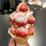 熊本空港Premium TENTEの『おにもりイチゴソフト』を横から撮影した写真。鬼盛りのイチゴがインパクト抜群。